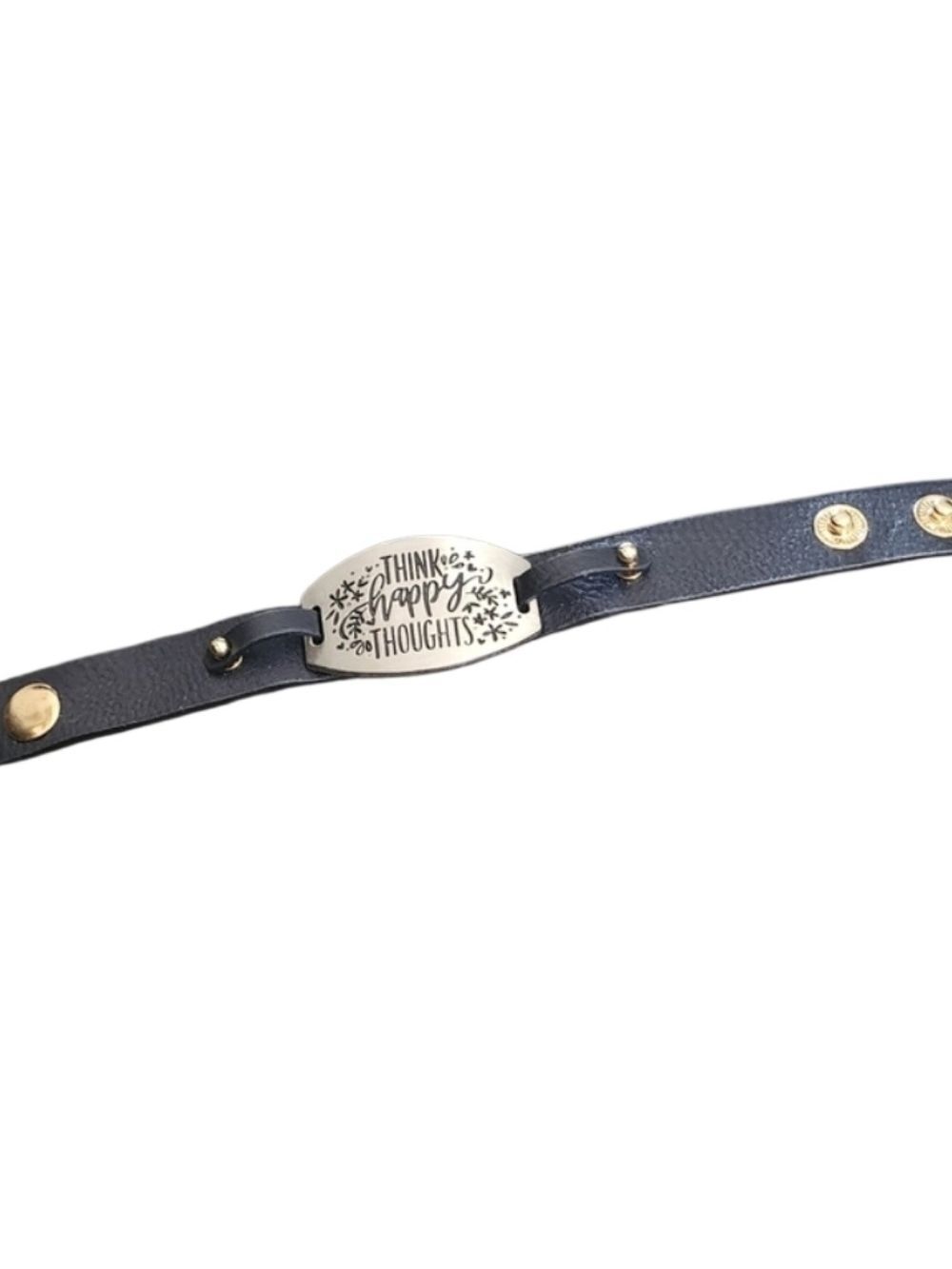 Black Faux Leather Bracelet Silver Plate